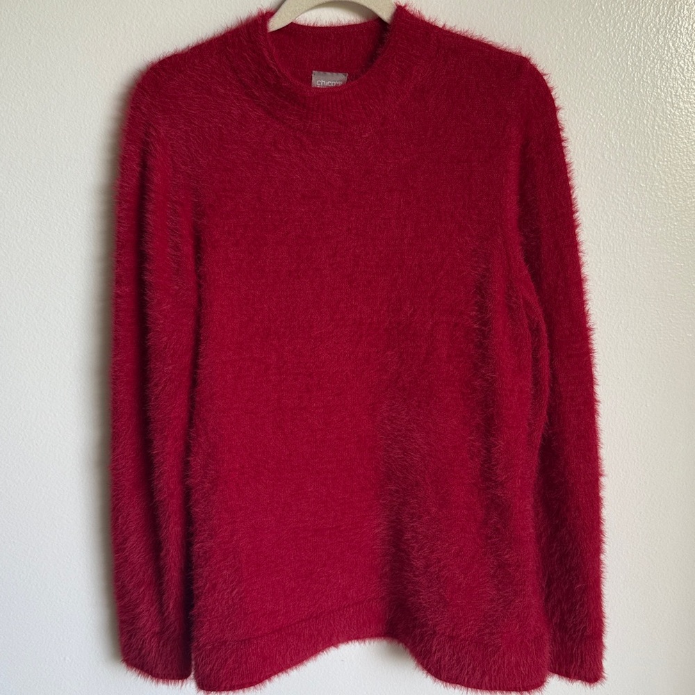 Chico's Vibrant Red Fuzzy Pullover Sweater, High Neck, Covers Butt, Large